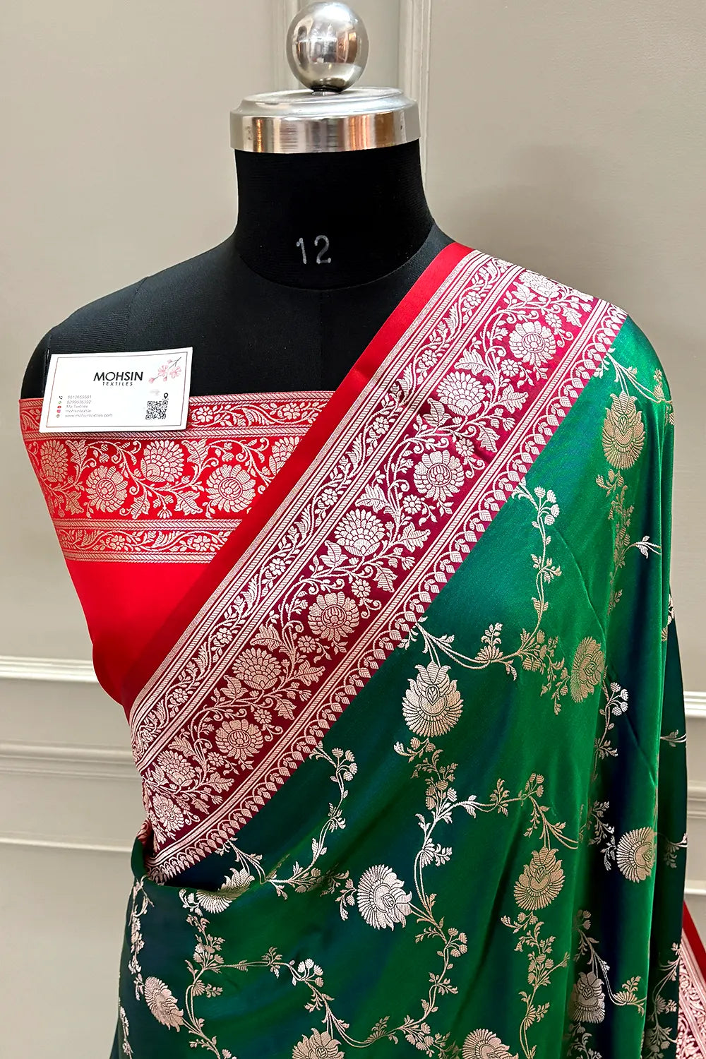 Emerald Green and Red Zari Katan Silk Banarasi Saree