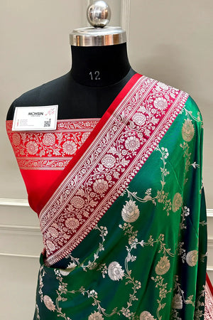Emerald Green and Red Zari Katan Silk Banarasi Saree