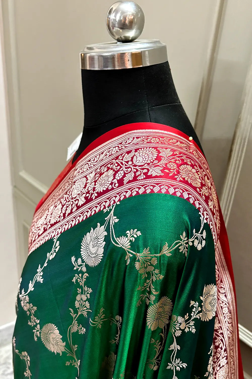 Emerald Green and Red Zari Katan Silk Banarasi Saree