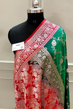 Emerald Green and Red Zari Katan Silk Banarasi Saree