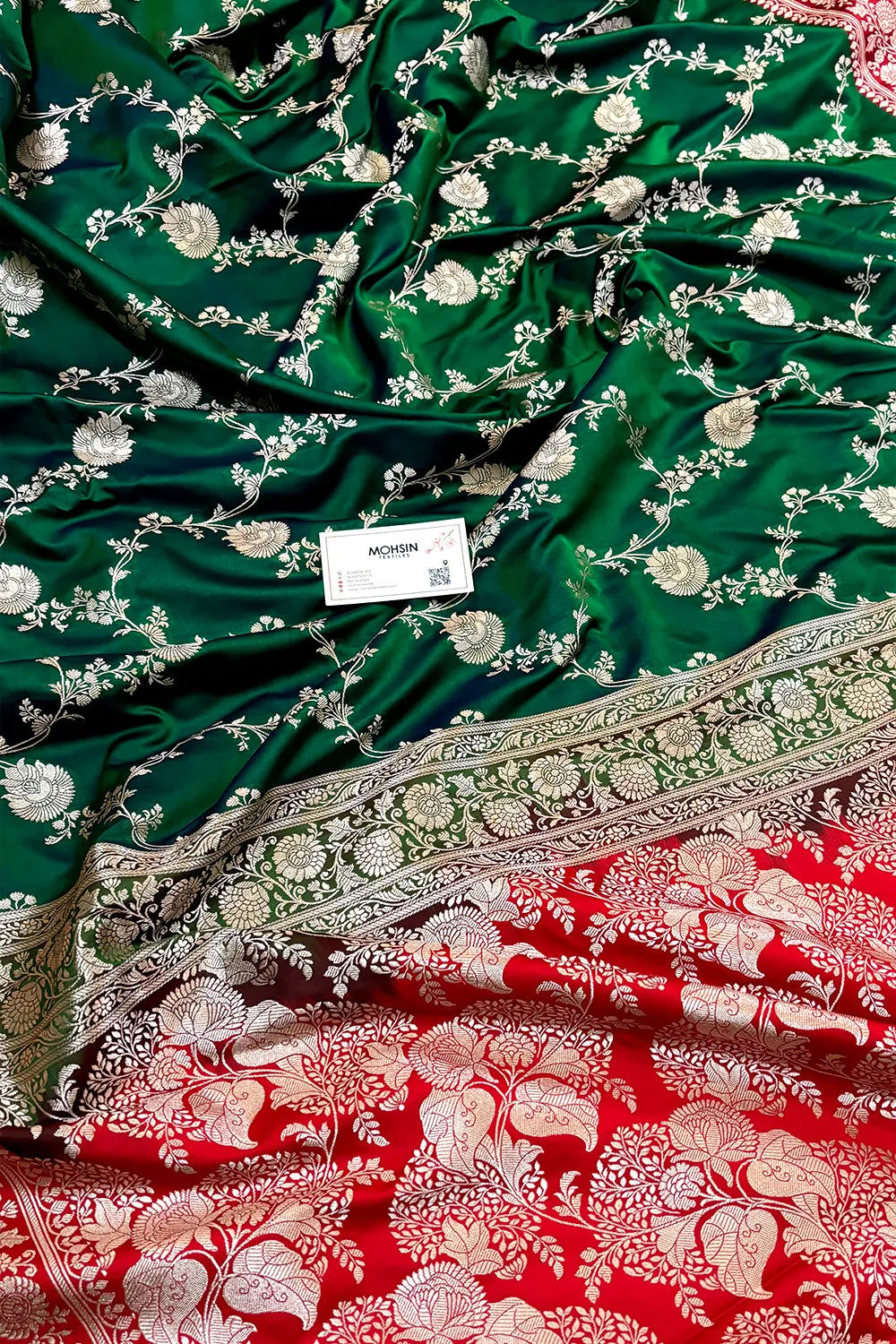 Emerald Green and Red Zari Katan Silk Banarasi Saree