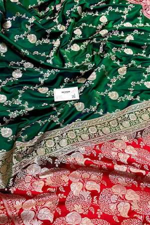 Emerald Green and Red Zari Katan Silk Banarasi Saree