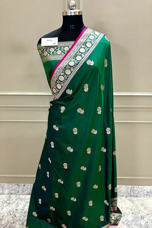 Emerald Green Rose Buti Katan Silk Banarasi Saree