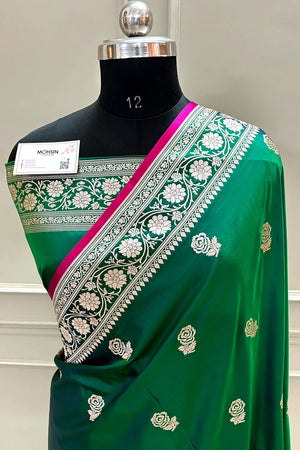 Emerald Green Rose Buti Katan Silk Banarasi Saree