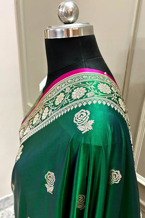 Emerald Green Rose Buti Katan Silk Banarasi Saree