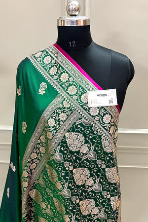 Emerald Green Rose Buti Katan Silk Banarasi Saree
