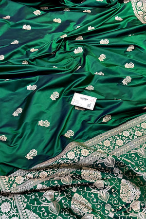 Emerald Green Rose Buti Katan Silk Banarasi Saree