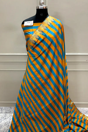 Firozi and Mustard Stripe Plain Satin Silk Banarasi Saree