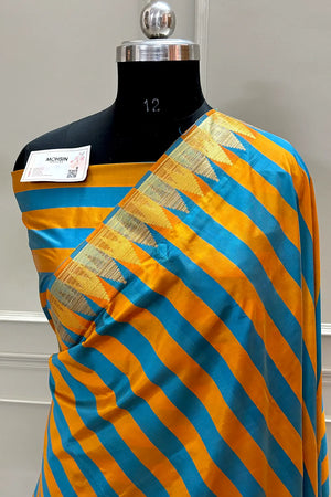 Firozi and Mustard Stripe Plain Satin Silk Banarasi Saree