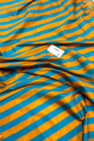 Firozi and Mustard Stripe Plain Satin Silk Banarasi Saree