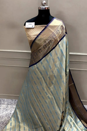 Firozi and Navy Tissue Silk Banarasi Saree