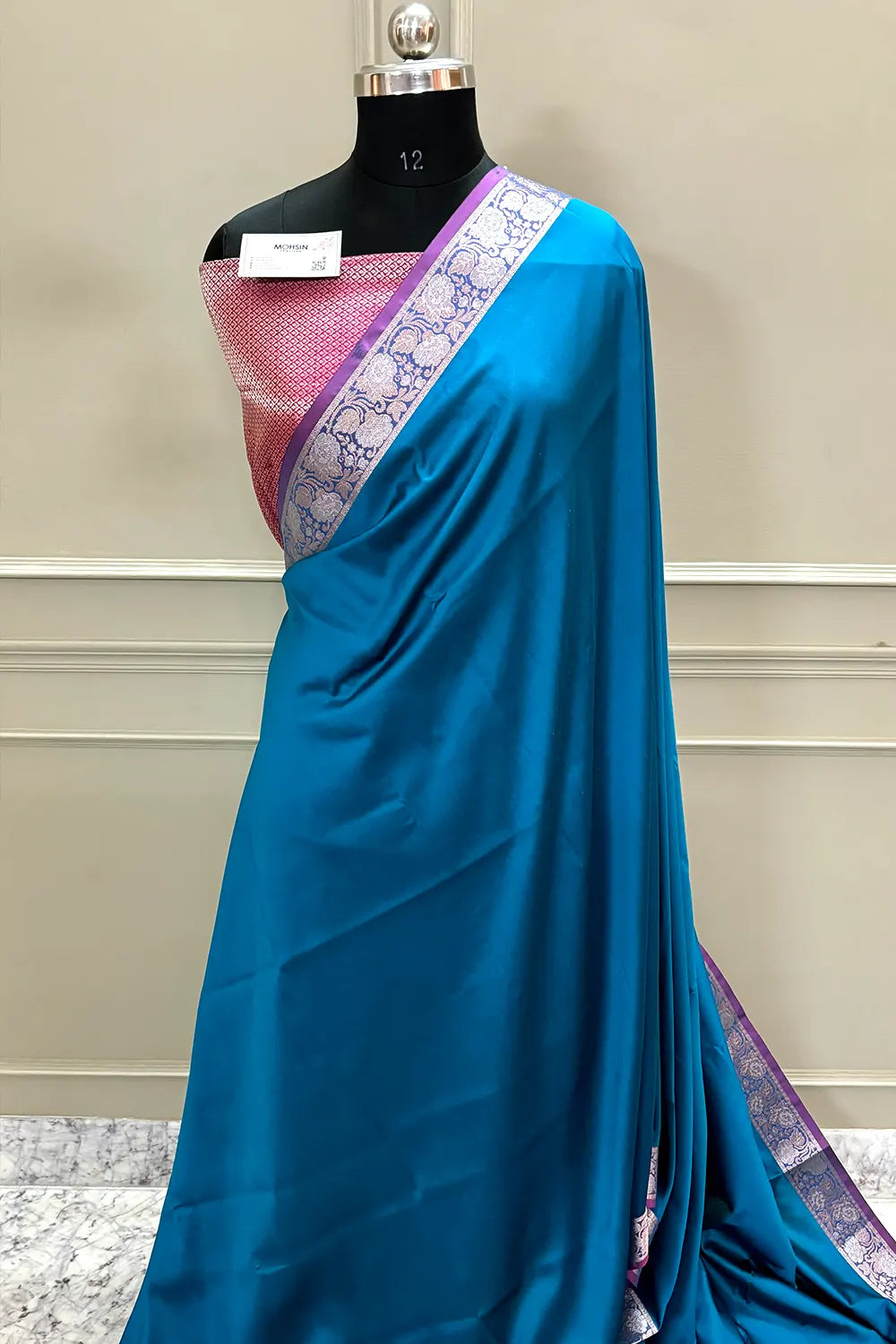 Firozi and Pink Plain Banarasi Silk Saree