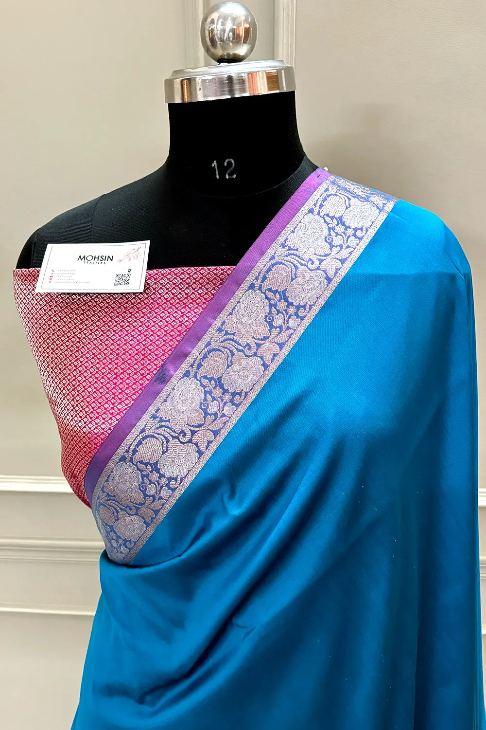 Firozi and Pink Plain Banarasi Silk Saree