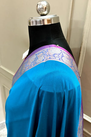 Firozi and Pink Plain Banarasi Silk Saree