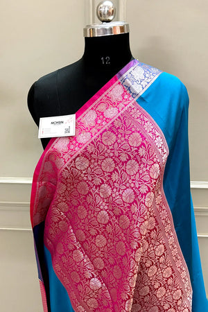 Firozi and Pink Plain Banarasi Silk Saree