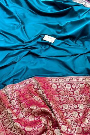 Firozi and Pink Plain Banarasi Silk Saree