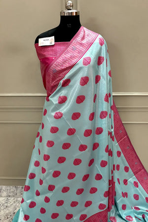 Firozi and Pink Resham Zari Banarasi Silk Saree