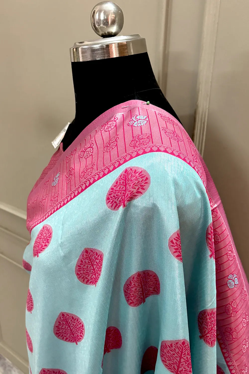 Firozi and Pink Resham Zari Banarasi Silk Saree