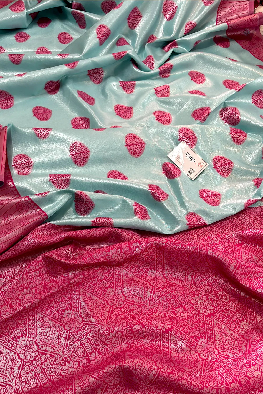 Firozi and Pink Resham Zari Banarasi Silk Saree