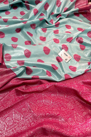 Firozi and Pink Resham Zari Banarasi Silk Saree