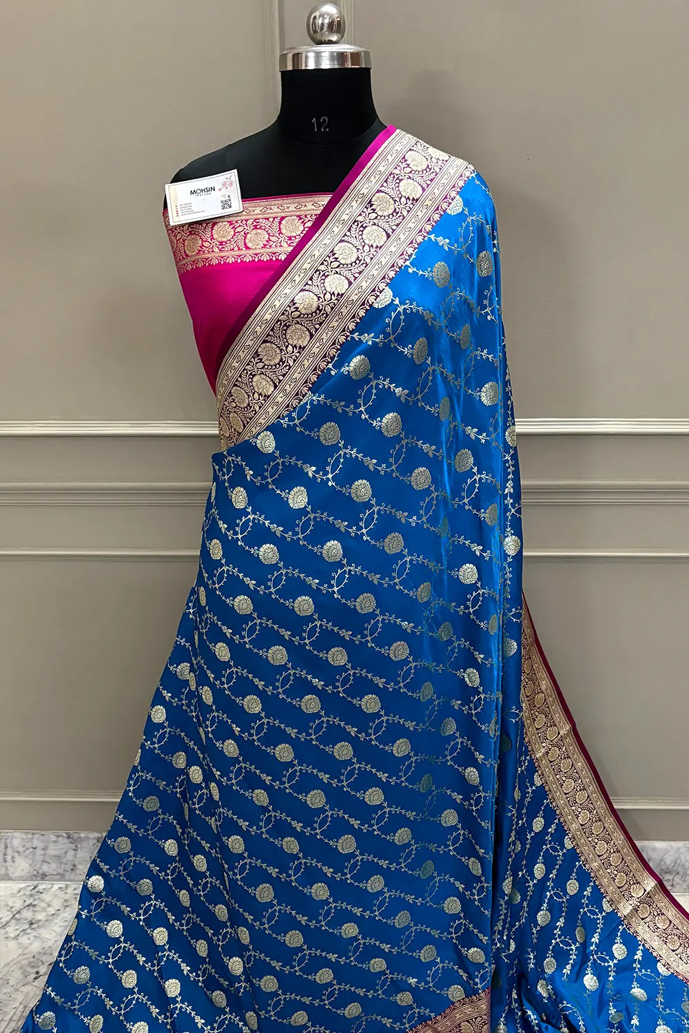 Firozi and Pink Ropeway Jaal Katan Mashru Silk Banarasi Saree