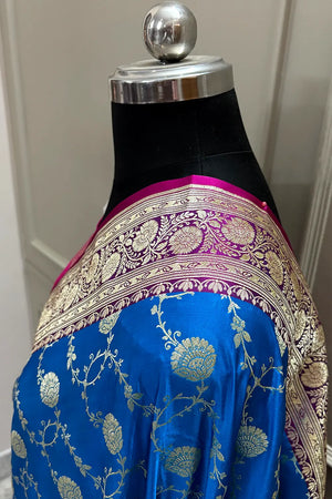 Firozi and Pink Ropeway Jaal Katan Mashru Silk Banarasi Saree