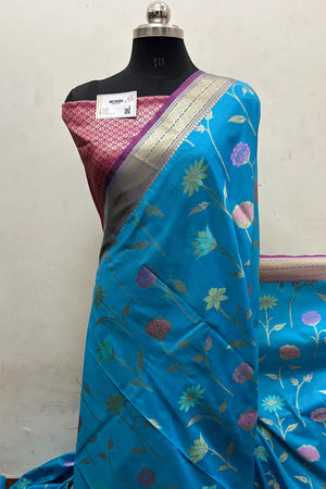 Firozi and Pink Zari Katan Silk Banarasi Saree