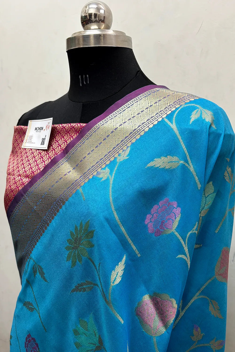 Firozi and Pink Zari Katan Silk Banarasi Saree