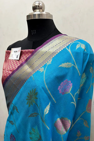Firozi and Pink Zari Katan Silk Banarasi Saree