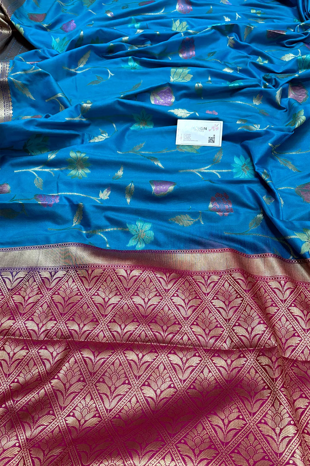 Firozi and Pink Zari Katan Silk Banarasi Saree