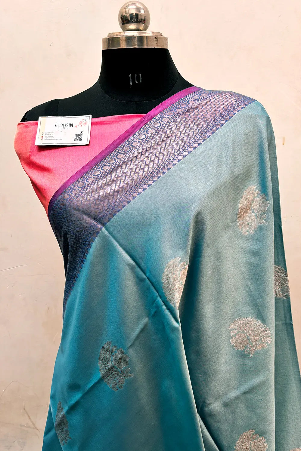 Firozi and Pink Zari Semi Katan Silk Banarasi Saree