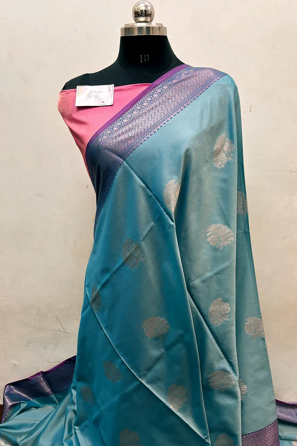 Firozi and Pink Zari Semi Katan Silk Banarasi Saree
