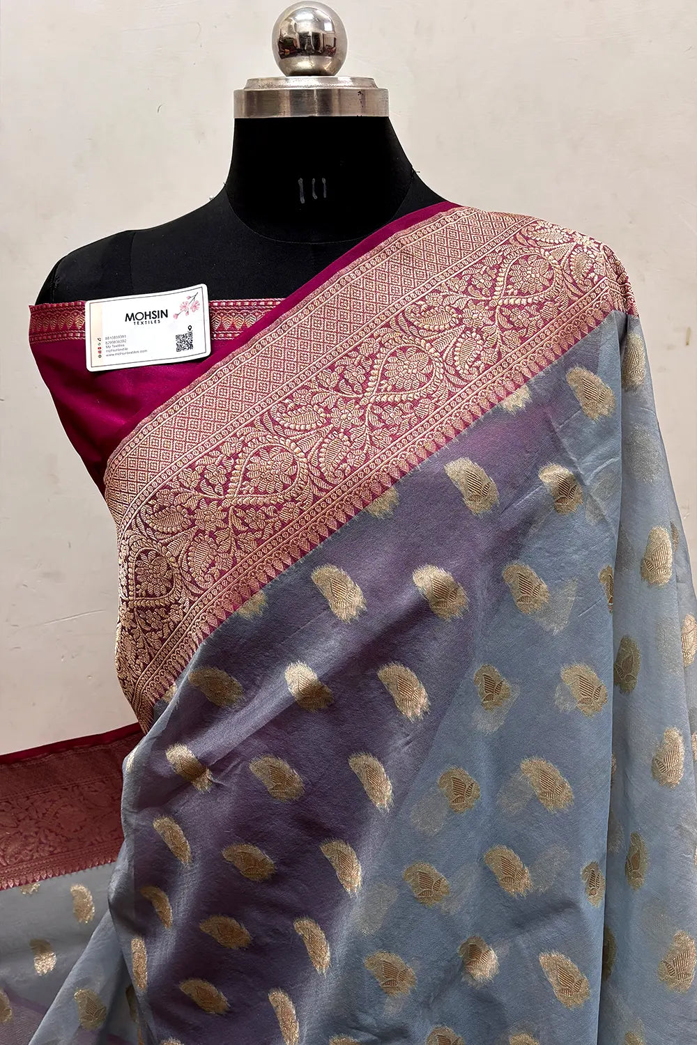 Firozi and Rani Pink Organza Silk Banarasi Saree