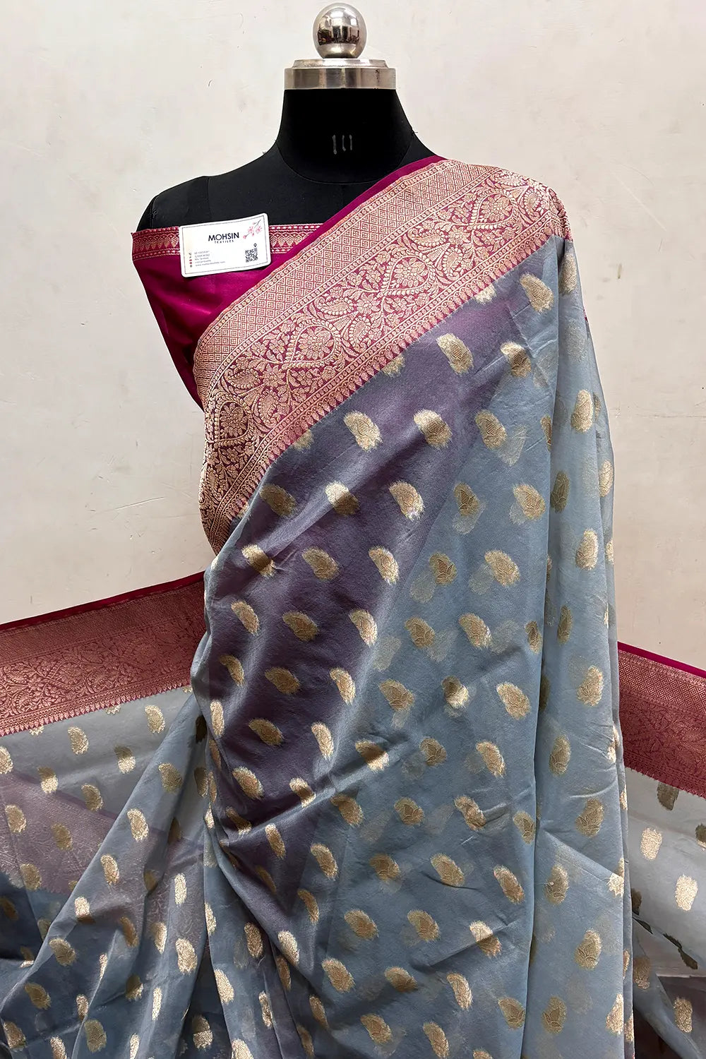 Firozi and Rani Pink Organza Silk Banarasi Saree