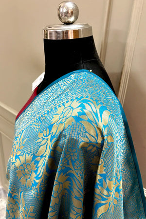 Firozi and Red Zari Banarasi Silk Saree
