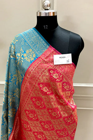 Firozi and Red Zari Banarasi Silk Saree