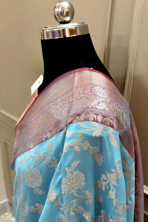 Firozi and Red Zari Banarasi Silk Saree