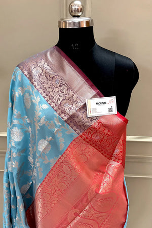 Firozi and Red Zari Banarasi Silk Saree