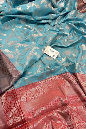 Firozi and Red Zari Banarasi Silk Saree