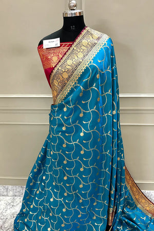 Firozi and Red Zari Katan Silk Banarasi Saree