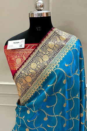 Firozi and Red Zari Katan Silk Banarasi Saree