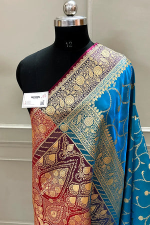 Firozi and Red Zari Katan Silk Banarasi Saree