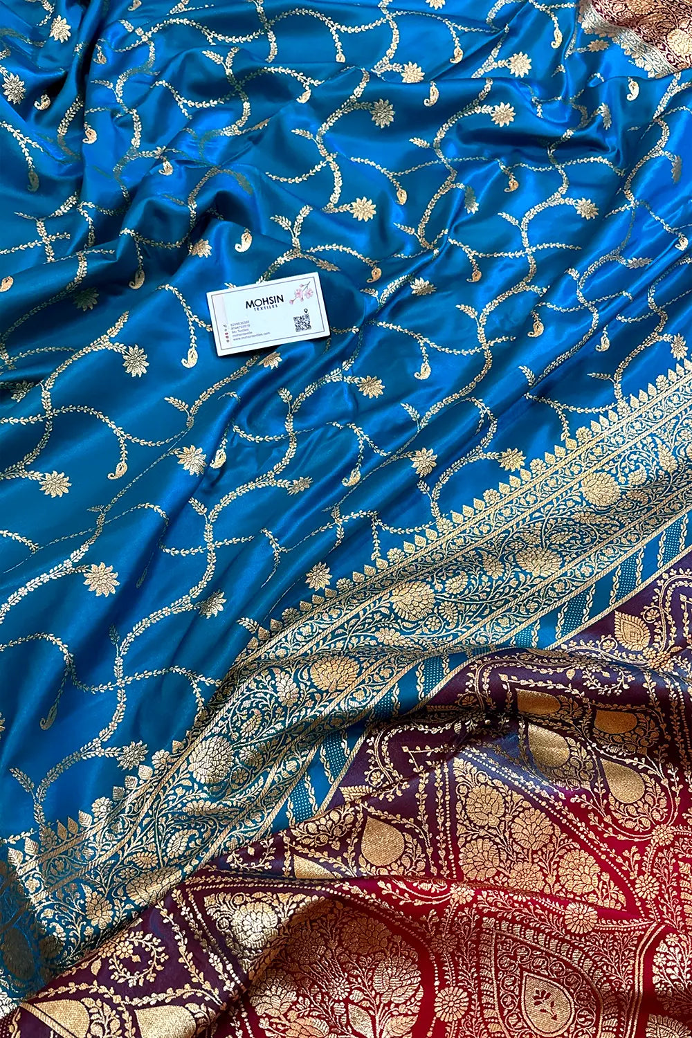Firozi and Red Zari Katan Silk Banarasi Saree