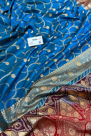 Firozi and Red Zari Katan Silk Banarasi Saree