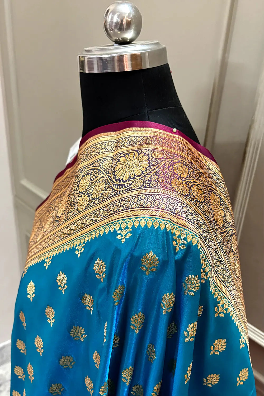 Firozi and Red Zari Katan Silk Banarasi Saree