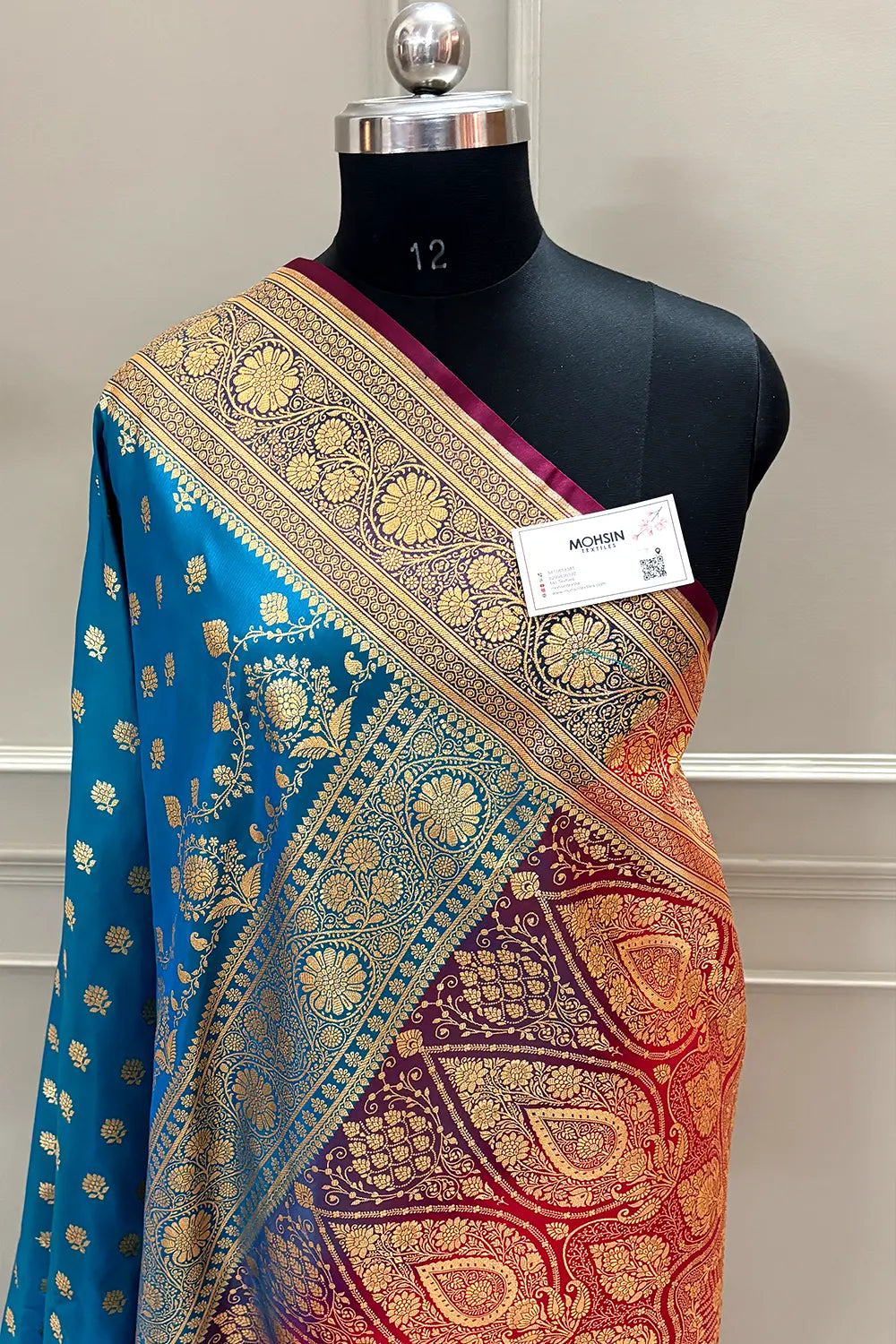 Firozi and Red Zari Katan Silk Banarasi Saree
