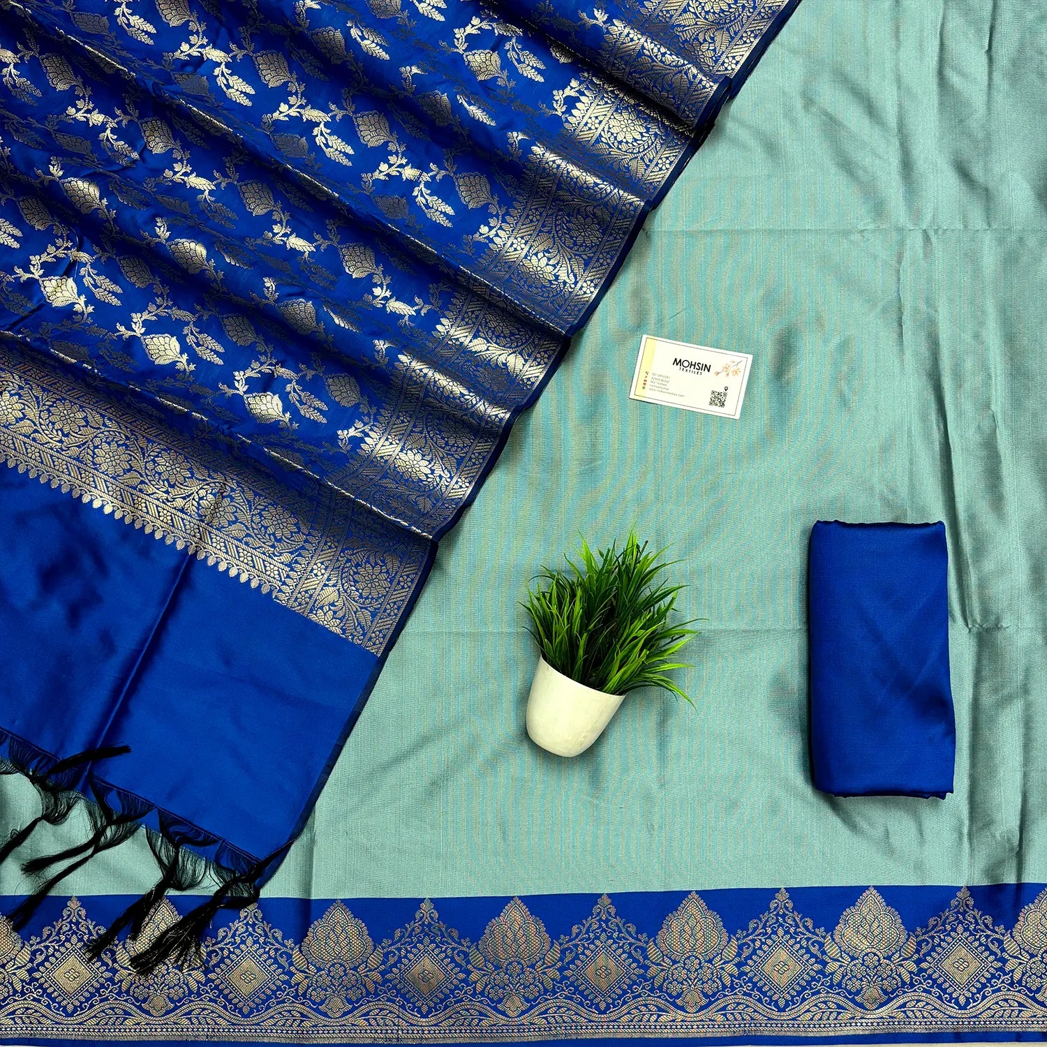 Firozi and Royal Blue Plain Semi Katan Silk Banarasi Silk Suit
