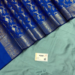 Firozi and Royal Blue Plain Semi Katan Silk Banarasi Silk Suit