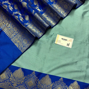 Firozi and Royal Blue Plain Semi Katan Silk Banarasi Silk Suit