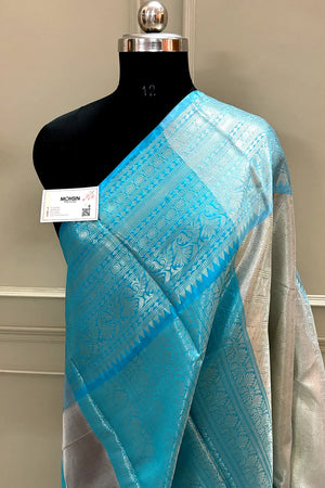 Firozi and White Tissue Silk Banarasi Saree